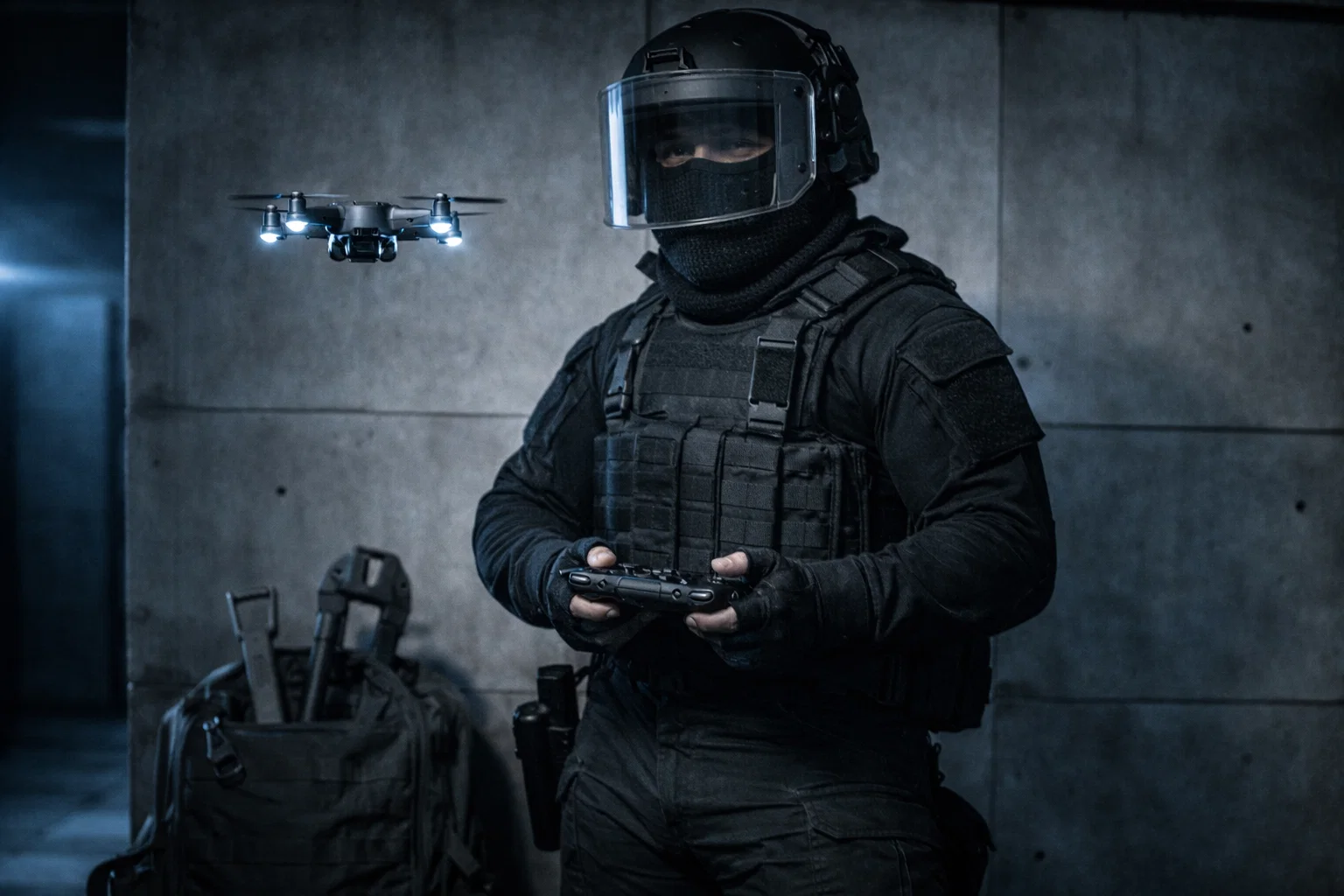 Spezialkräfte-Operator in taktischer Ausrüstung mit Aufklärungsdrohne