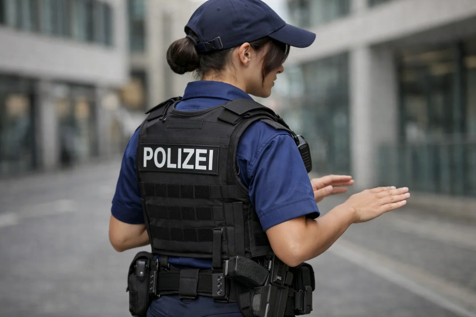 Polizeibeamtin in Deeskalationshaltung mit taktischer Ausrüstung