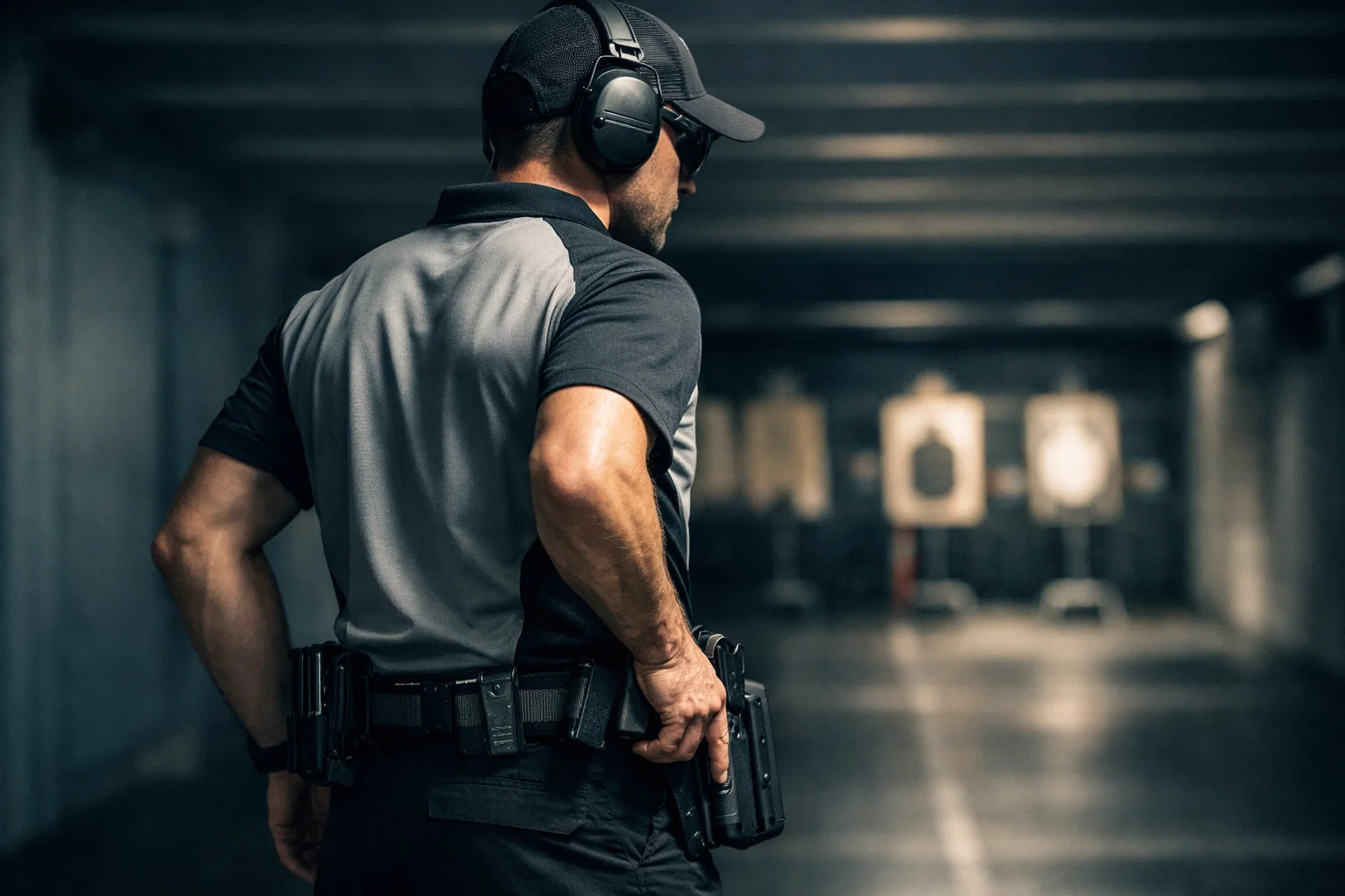 IPSC Sportschütze in Wettkampfposition an Schweizer Schiessanlage